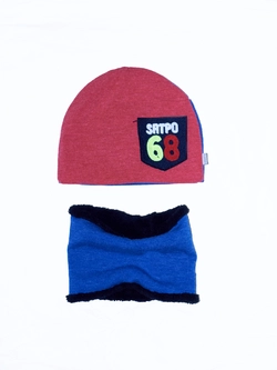 Зимняя шапка с хомутом Додж сине-красного цвета (упаковка, ростовка 46-48-50)