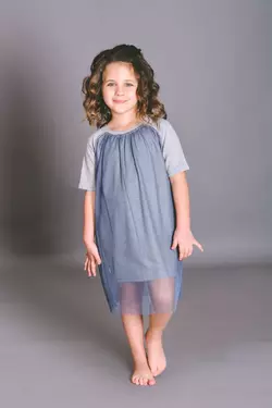 Серое с синим детское платье с фатином (Упаковка, ростовка 110-116, 122-128)